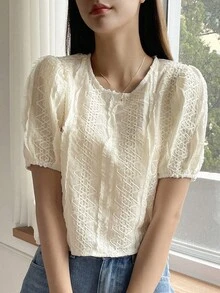 DAZY Solid Button Front Puff Sleeve Blouse - Apricot - View 6