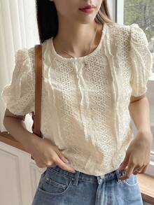 DAZY Solid Button Front Puff Sleeve Blouse - Apricot - View 8