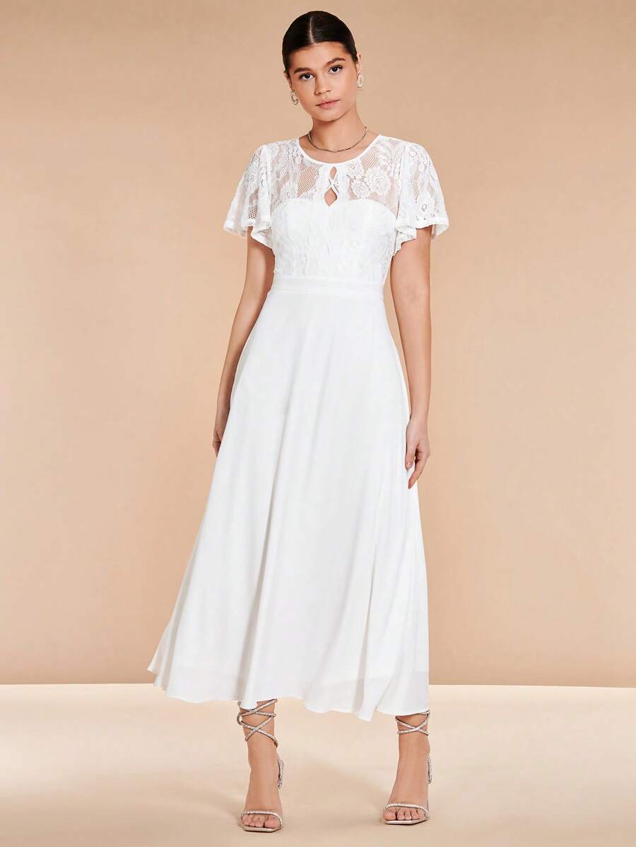 SHEIN Belle 蕾絲拼接蝴蝶袖A字連衣裙 - 白色 - 查看 1