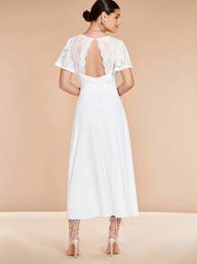 SHEIN Belle 蕾絲拼接蝴蝶袖A字連衣裙 - 白色 - 查看 2