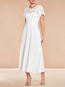 SHEIN Belle 蕾絲拼接蝴蝶袖A字連衣裙 - 白色 - 查看 3