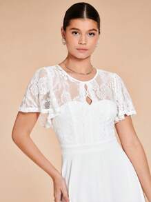 SHEIN Belle 蕾絲拼接蝴蝶袖A字連衣裙 - 白色 - 查看 4