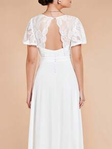 SHEIN Belle 蕾絲拼接蝴蝶袖A字連衣裙 - 白色 - 查看 5