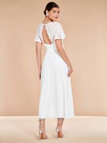 SHEIN Belle 蕾絲拼接蝴蝶袖A字連衣裙 - 白色 - 查看 7