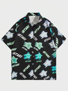 ROMWE MEN Street Life Guys Letter Graphic Shirt - Black - View 1