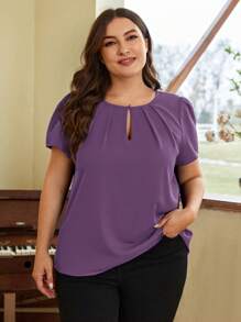 SHEIN Clasi 大碼鎖眼領口拼接細節泡泡袖上衣 - 紫色 - 查看 1