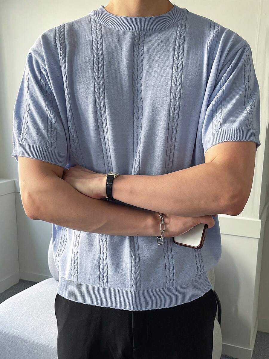 DAZY 男士素色麻花編織上衣 - 淺藍色 - 查看 1