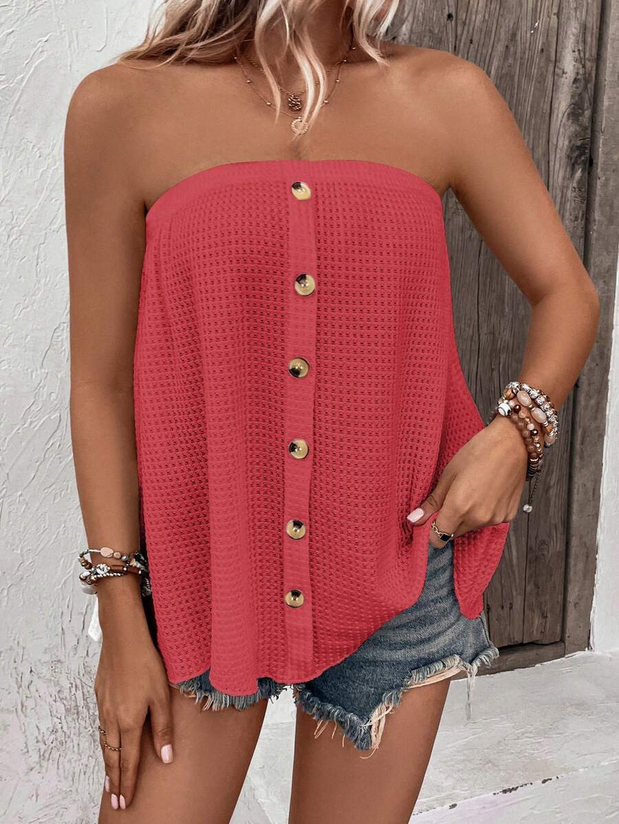 SHEIN VCAY Áo nữ Nút phía trước Nút giả màu trơn Giải trí - Màu Hoa hồng đỏ - Xem 1
