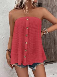 SHEIN VCAY Áo nữ Nút phía trước Nút giả màu trơn Giải trí - Màu Hoa hồng đỏ - Xem 4