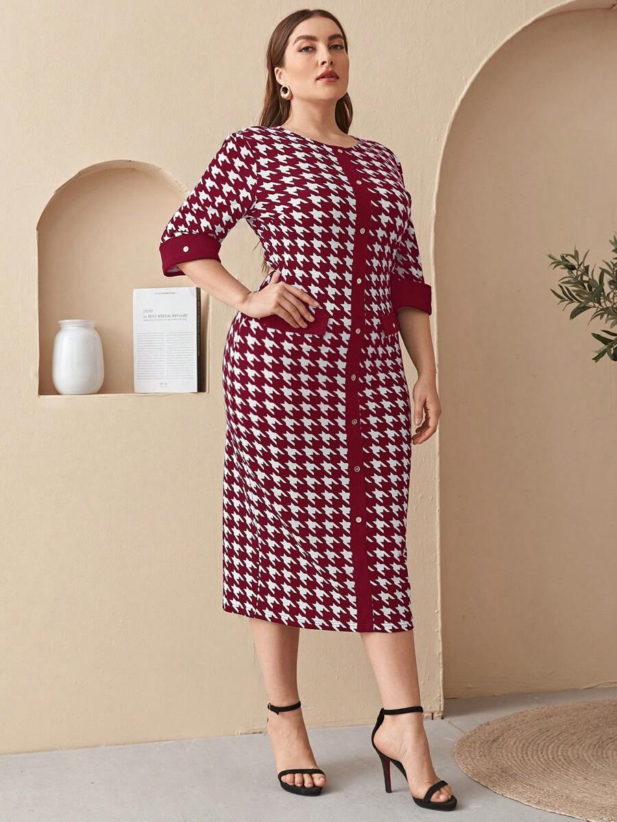 SHEIN LUNE 大碼千鳥格印花翻蓋細節後背開衩緊身連衣裙 - 紅白色 - 查看 1