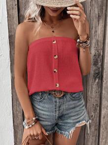 SHEIN VCAY Áo nữ Nút phía trước Nút giả màu trơn Giải trí - Màu Hoa hồng đỏ - Xem 6