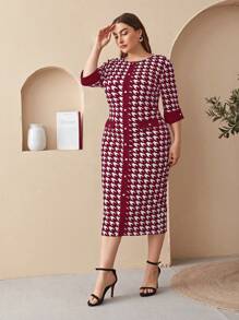 SHEIN LUNE 大碼千鳥格印花翻蓋細節後背開衩緊身連衣裙 - 紅白色 - 查看 4