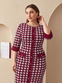 SHEIN LUNE 大碼千鳥格印花翻蓋細節後背開衩緊身連衣裙 - 紅白色 - 查看 5