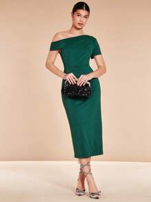 SHEIN Belle Cổ không đối xứng Tách rời Váy phù dâu - Màu xanh lá cây đậm - Xem 2