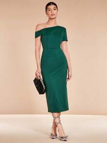 SHEIN Belle Cổ không đối xứng Tách rời Váy phù dâu - Màu xanh lá cây đậm - Xem 1