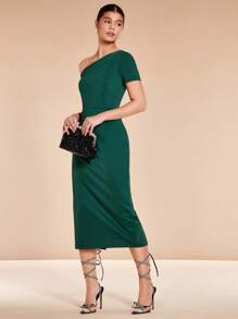 SHEIN Belle Cổ không đối xứng Tách rời Váy phù dâu - Màu xanh lá cây đậm - Xem 4
