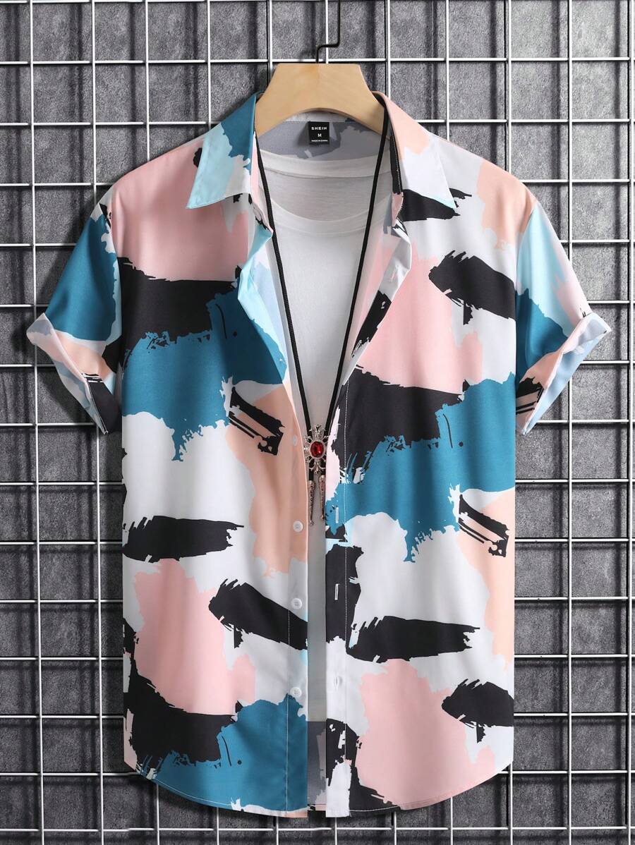 Manfinity RSRT 男士隨機筆刷圖案襯衫不帶T恤 - 彩色 - 查看 1