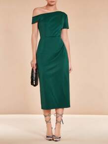 SHEIN Belle Cổ không đối xứng Tách rời Váy phù dâu - Màu xanh lá cây đậm - Xem 5