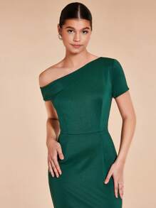 SHEIN Belle Cổ không đối xứng Tách rời Váy phù dâu - Màu xanh lá cây đậm - Xem 7