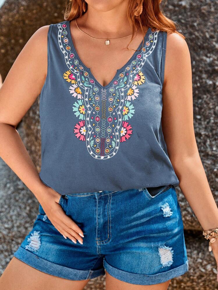 SHEIN LUNE Top tank con estampado floral de cuello notch - Neblina azul - Añade 1