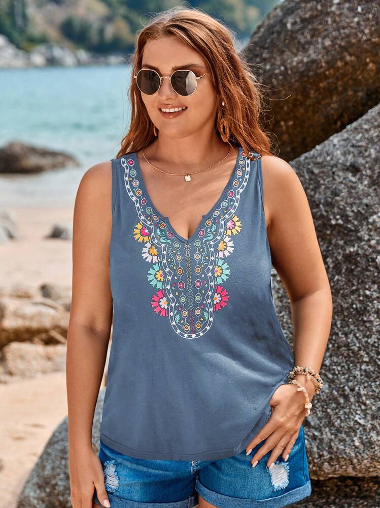 SHEIN LUNE Top tank con estampado floral de cuello notch - Neblina azul - Añade 4