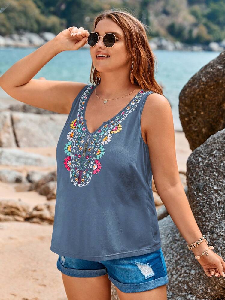 SHEIN LUNE Top tank con estampado floral de cuello notch - Neblina azul - Añade 6