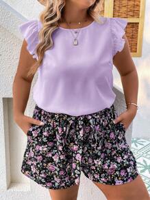 SHEIN Clasi 大碼荷葉邊上衣和印花短褲 - 紫丁香色 - 查看 1
