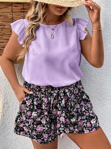 SHEIN Clasi 大碼荷葉邊上衣和印花短褲 - 紫丁香色 - 查看 5