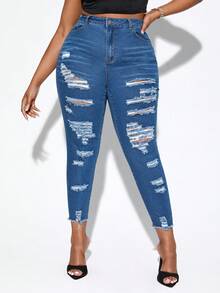 SHEIN SXY 大碼高腰破洞毛邊緣緊身牛仔褲 - 深色水洗藍 - 查看 2