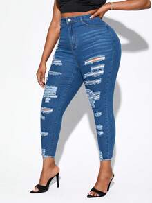 SHEIN SXY 大碼高腰破洞毛邊緣緊身牛仔褲 - 深色水洗藍 - 查看 4