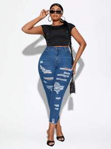 SHEIN SXY 大碼高腰破洞毛邊緣緊身牛仔褲 - 深色水洗藍 - 查看 5