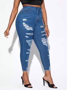 SHEIN SXY 大碼高腰破洞毛邊緣緊身牛仔褲 - 深色水洗藍 - 查看 1