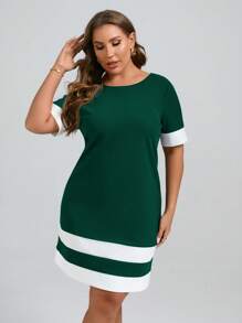 SHEIN Clasi Đầm Plus Size Khối Màu Giải trí - Màu xanh lá cây đậm - Xem 3