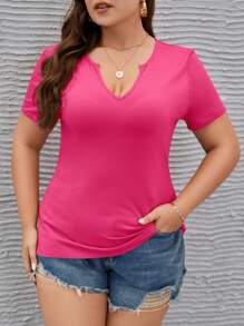 SHEIN LUNE Plus Notched Neckline Tee - Hot Pink - View 1