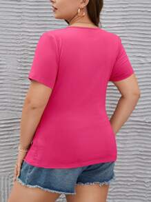 SHEIN LUNE Plus Notched Neckline Tee - Hot Pink - View 2