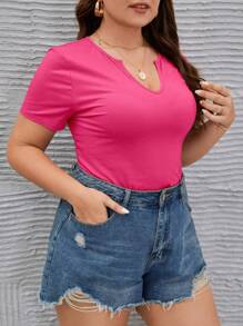 SHEIN LUNE Plus Notched Neckline Tee - Hot Pink - View 4