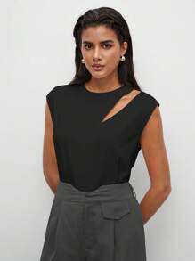 BizChic Cotton Cut Out Solid Tee Workwear - Black - View 1