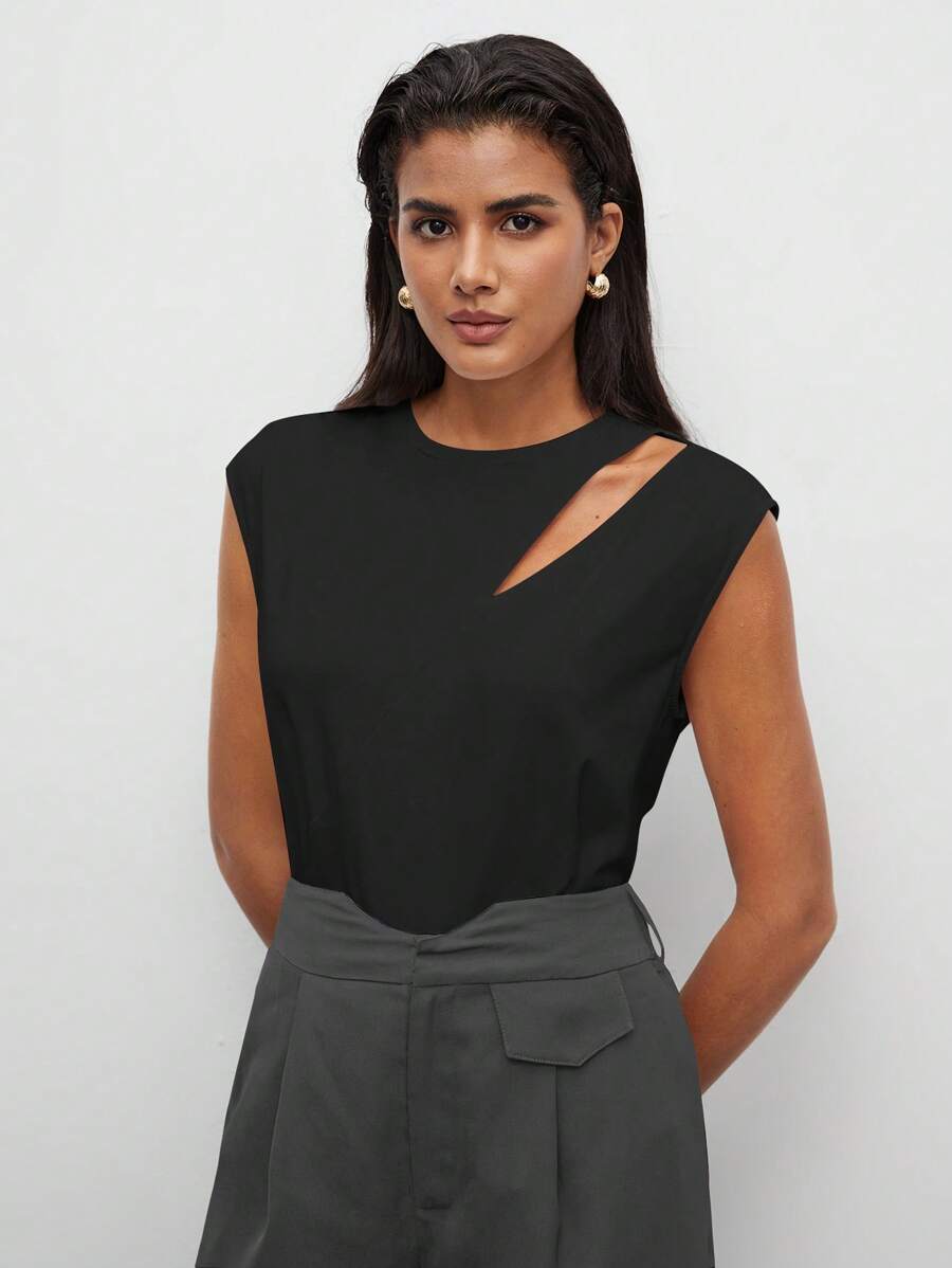 BizChic Cotton Cut Out Solid Tee Workwear - Black - View 1