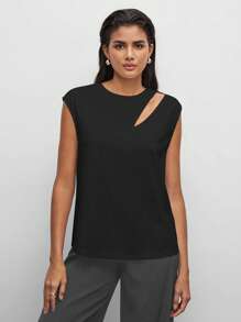 BizChic Cotton Cut Out Solid Tee Workwear - Black - View 3