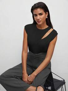 BizChic Cotton Cut Out Solid Tee Workwear - Black - View 6