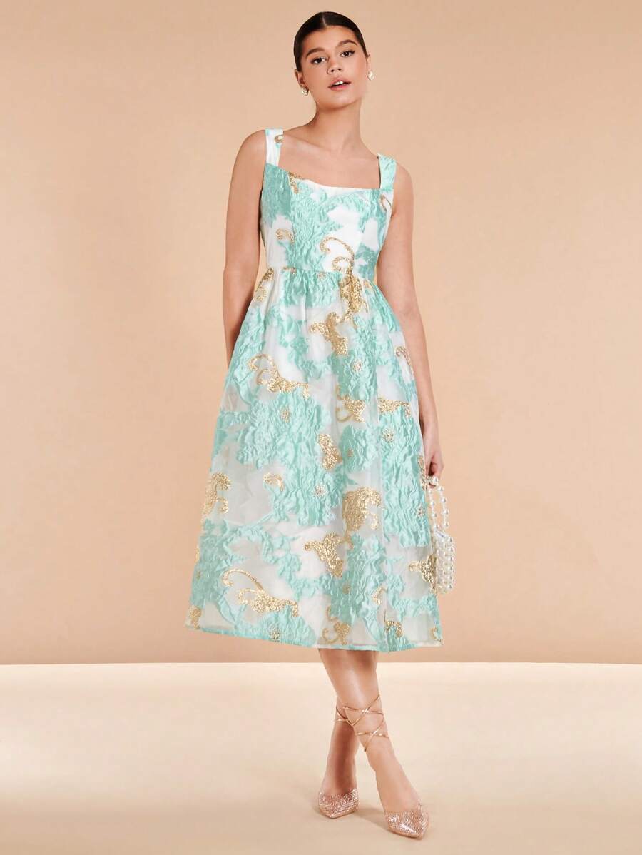 SHEIN Belle 花卉圖案提花吊帶連衣裙 - 彩色 - 查看 1