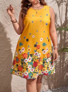 SHEIN LUNE 加大花卉印花背心夏季服装连衣裙 - 黃色 - 查看 1