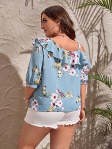 SHEIN LUNE 大碼印花不對稱領荷葉邊襯衫 - 淺藍色 - 查看 4