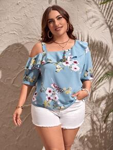 SHEIN LUNE 大碼印花不對稱領荷葉邊襯衫 - 淺藍色 - 查看 2