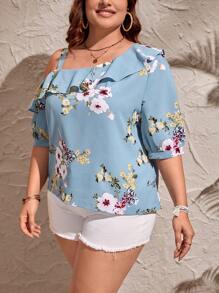 SHEIN LUNE 大碼印花不對稱領荷葉邊襯衫 - 淺藍色 - 查看 1