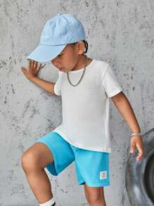 SHEIN 小男童熊和標語圖案T恤和短褲 - 藍白色 - 查看 4