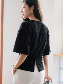 DAZY Áo thun nữ Chia màu trơn Giải trí - màu đen - Xem 2