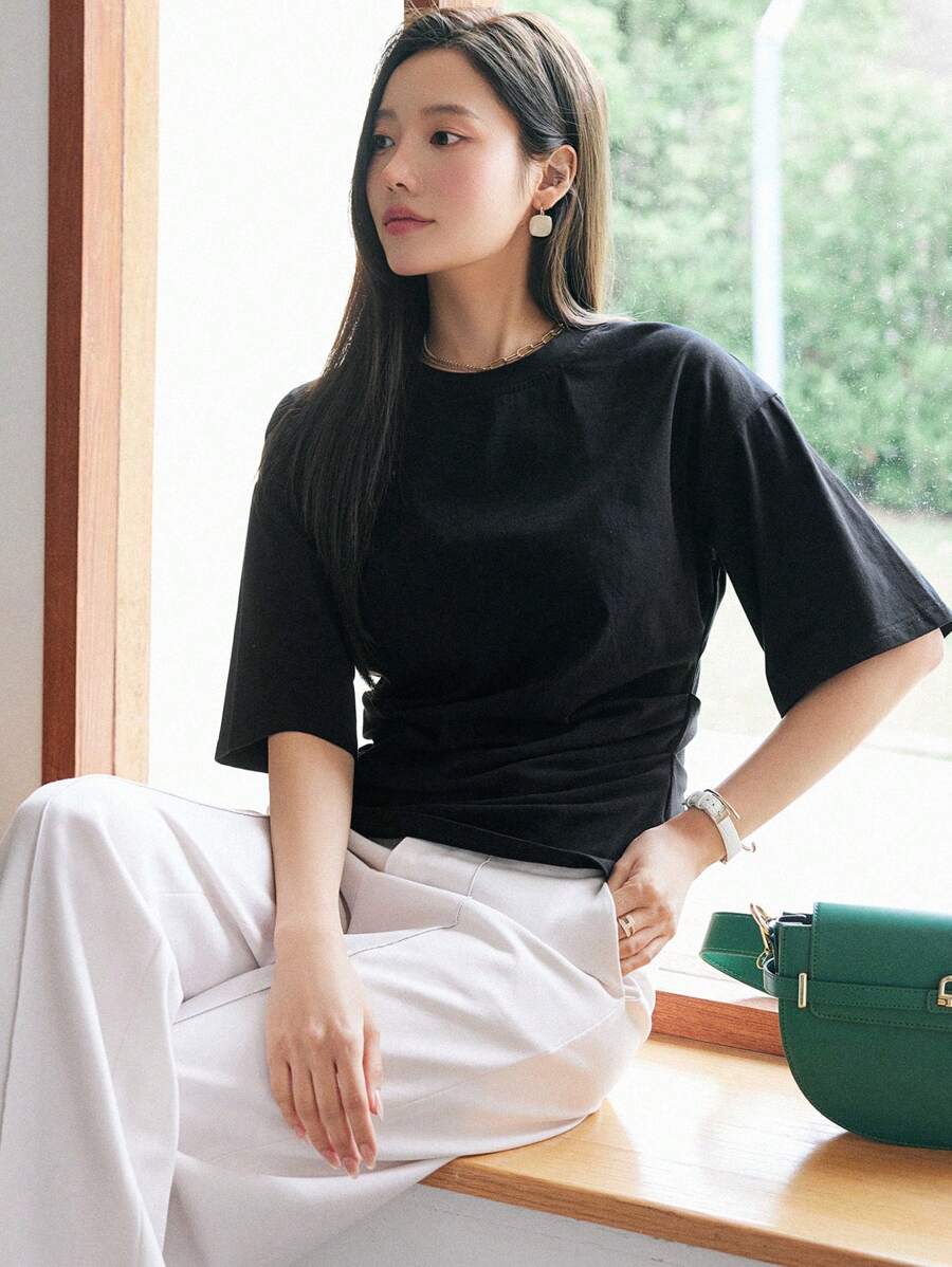 DAZY Áo thun nữ Chia màu trơn Giải trí - màu đen - Xem 1