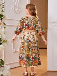 SHEIN Leap Crew 花卉印花灯笼袖腰带连衣裙,少女款