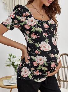 SHEIN Maternity Floral Print Puff Sleeve Tee - Multicolor - View 6